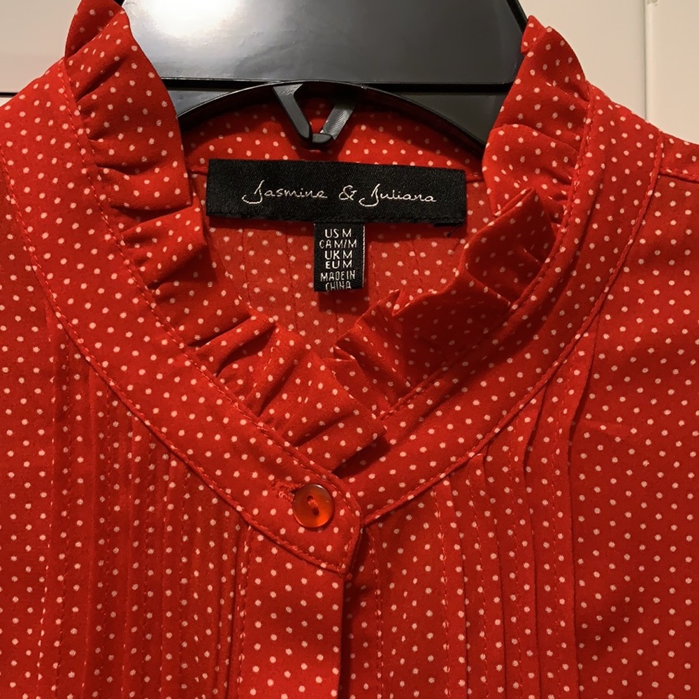 Jasmine and Juliana red button down long sleeve shirt with white polka dots